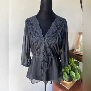 Marc Bouwer Sheer Black Lace-Trim V-Neck Blouse
